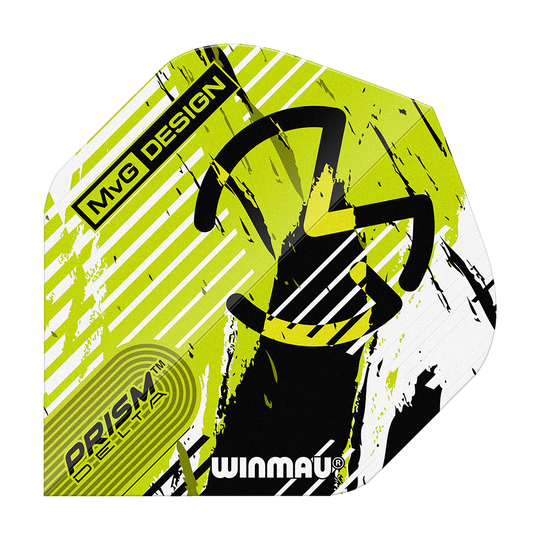 Winmau Delta Michael Van Gerwen Prism 03 Loty standardowe Das Bild zeigt ein Winmau Delta Michael Van Gerwen Prism 03 Standard Flight. Das Design ist in Gelb, Schwarz und Weiß gehalten und trägt die Aufschrift „MvG Design“ sowie „Prism Delta“.