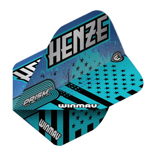 Loty standardowe Winmau Prism Delta Rick Henze Das Bild zeigt die Winmau Prism Delta Rick Henze Standard Flights in einem auffälligen blauen Design mit schwarzen Sternen und Streifen. Auf den Flights steht der Name "Henze" und das Winmau-Logo ist deutlich sichtbar.