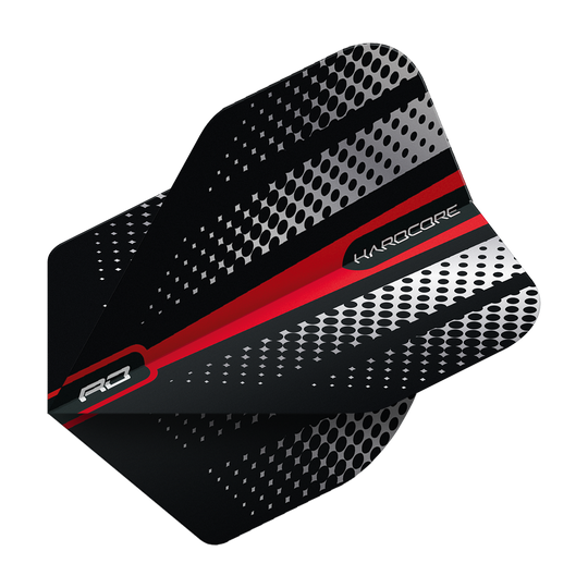 TF6512_Red_Dragon_Hardcore_Radical_Red_Flash_Standard_Flights_2 Das Bild zeigt einen Dartflight mit schwarzem Grund, roten und weißen Streifen sowie silbernen Punktmustern. Auf dem Flight steht das Wort "Hardcore".