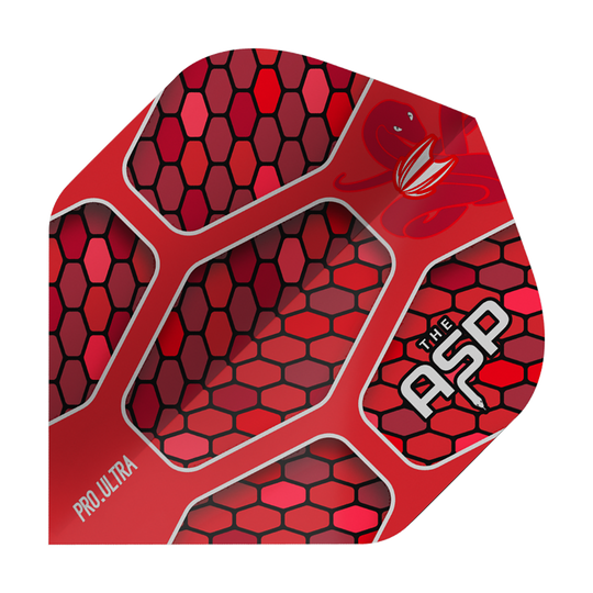 TG387_334450_Target_ProUltra_Nathan_Aspinall_Red_No2_Standard_Flights_1 Das Bild zeigt ein Dartflight mit auffälligem roten Wabenmuster. Auf dem Flight stehen die Wörter „Pro Ultra“ und „The ASP“.