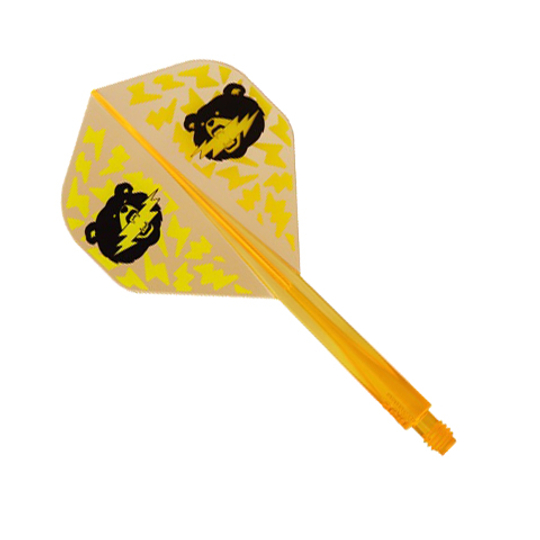 Condor Ax Black Bear Miyu Miyawaki Flight Shaft Neon Orange - Standard Das Bild zeigt einen Dartpfeil-Flug mit einer orangenen Neon-Schafthülse. Auf dem gelben Flight sind zwei Bärenköpfe und gelbe Zickzackmuster abgebildet.