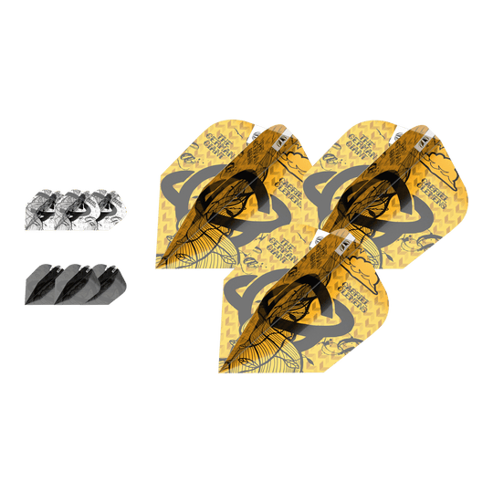 Target Ink Bundle 3 zestawy Gabriel Clemens Ten-X Flights Das Bild zeigt drei Sets von Gabriel Clemens Ten-X Flights aus der Target Ink Bundle Kollektion. Die Flights sind in Gelb, Schwarz und Weiß gestaltet und liegen nebeneinander.