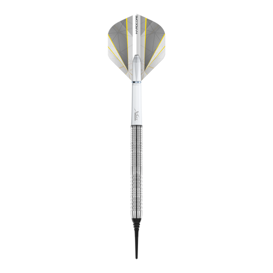 Red Dragon Seren 1 Pure Softdarts - 20g Das Bild zeigt einen Red Dragon Seren 1 Pure Softdart mit einem Gewicht von 20 Gramm. Der Dart ist silberfarben und hat eine weiße und gelbe Flight.