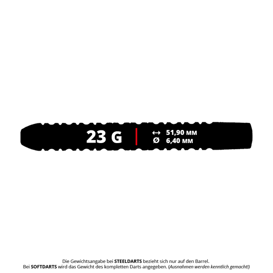 Beczki McDart Ocean Steeldart - 23g Das Bild zeigt ein McDart Ocean Steeldart Barrel mit einem Gewicht von 23 Gramm. Die Länge beträgt 51,90 mm und der Durchmesser 6,40 mm.