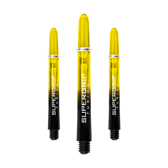 HR350_Harrows_Supergrip_Fusion_Shafts_Gelb_47mm_1Y7TyKh4iC0aVF Das Bild zeigt drei Harrows Supergrip Fusion Shafts in Gelb. Die Shafts sind gelb-schwarz gefärbt und tragen den Aufdruck "SUPERGRIP FUSION".