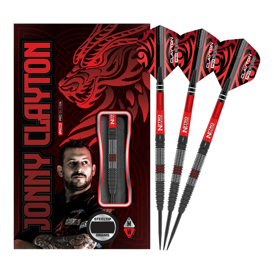 Stalowe strzałki Red Dragon Jonny Clayton Hiraeth Das Bild zeigt das Produkt "Red Dragon Jonny Clayton Hiraeth Steeldarts" mit drei Steeldarts und einer auffälligen Verpackung. Auf der Verpackung sind ein Porträt von Jonny Clayton und ein roter Drachen abgebildet.