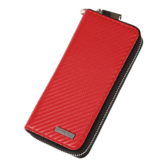 Przypadek biznesowy Cameo Pro3 Das Bild zeigt ein rotes Etui mit einer strukturierten Oberfläche und einem Reißverschluss. An der unteren Ecke befindet sich ein kleines Metallschild mit einer Gravur.