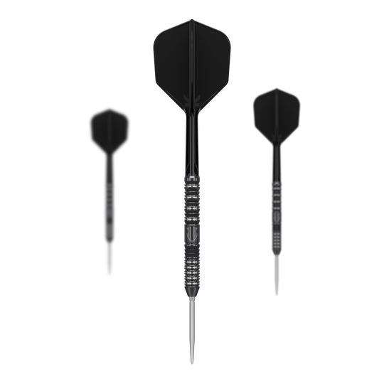 Das Bild zeigt drei schwarze Steeldarts des Modells „Target Japan Black Marque Draco GEN2“. Die Pfeile haben eine metallische Spitze und ein elegantes, gerilltes Design am Griff.