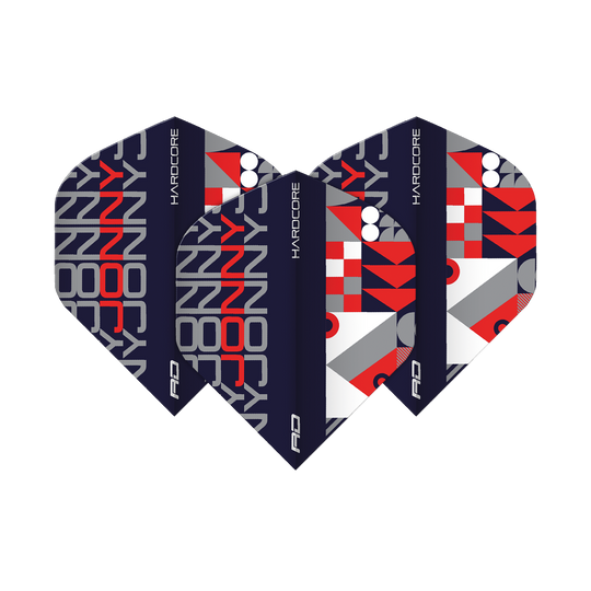 Das Bild zeigt drei Dart-Flights mit dem Aufdruck "JONNY" in Grau und Rot auf dunklem Hintergrund. Die Flights haben ein farbenfrohes, geometrisches Muster in Schwarz, Rot, Weiß und Grau.