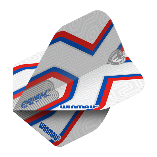 Winmau Prism Delta Epix No2 Standard Flights Das Bild zeigt die Winmau Prism Delta Epix No2 Standard Flights. Die Flights sind hauptsächlich weiß mit roten und blauen Streifen sowie dem Winmau-Logo.