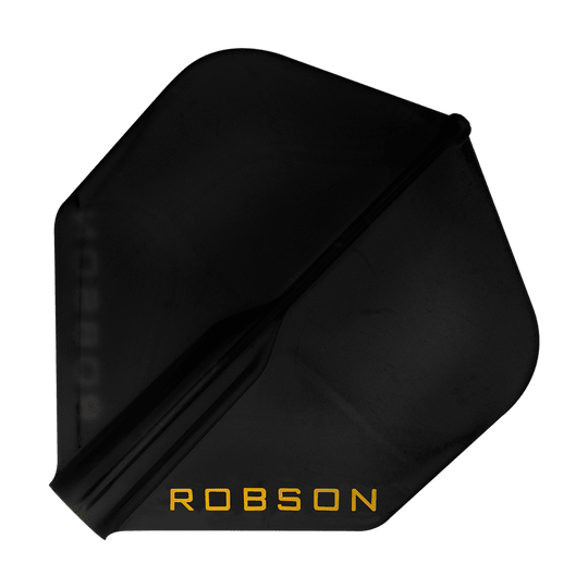 Dies ist ein schwarzes Dartflight mit der Aufschrift "ROBSON" in gelber Farbe. Das Flight hat eine Standardform und wirkt robust.