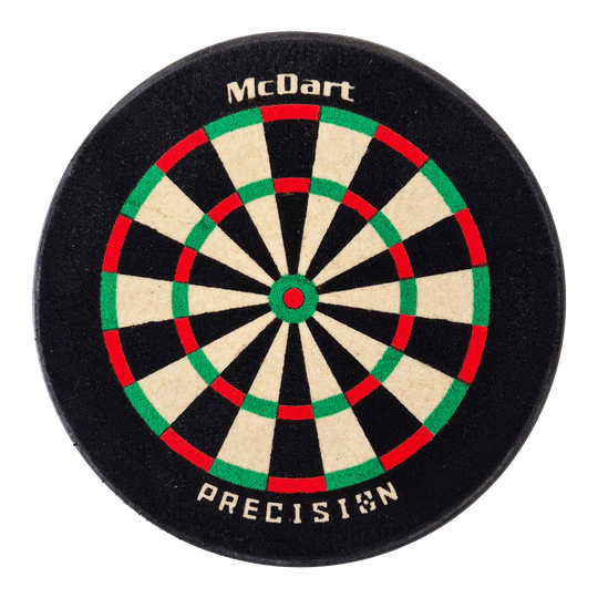 Uchwyt na rzutki McDart Precision Mini Dartboard Das Bild zeigt eine kleine, runde Dartscheibe mit der Aufschrift „McDart“ und „PRECISION“. Die Scheibe hat die klassischen Farben Weiß, Schwarz, Rot und Grün.