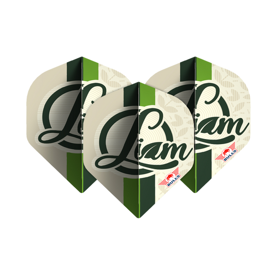 Bulls NL Player 100 Liam Maendl Lawrance nr 2 Standard Flights Das Bild zeigt drei Dart-Flights mit dem Namen "Liam" in grüner Schrift darauf. Unten rechts befindet sich das rote Bulls NL Logo.