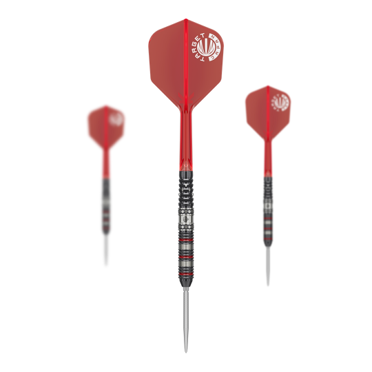Das Bild zeigt drei Steeldarts der Marke "Target Japan Prime Series Diamond GEN3". Die Darts haben rote Flights und einen schwarz-silbernen, geriffelten Barrel.