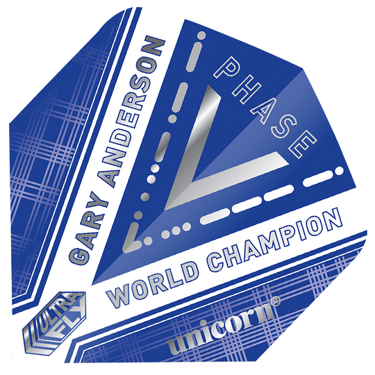 69450_p1 Dieses Bild zeigt ein blau-weißes Dartflight mit dem Namen "Unicorn Ultrafly 100 Bw Gary Anderson WC P5 Flights". Auf dem Flight stehen die Worte "Gary Anderson", "World Champion" und "Phase".