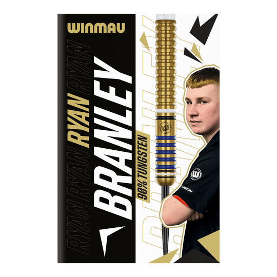 Lotki stalowe Winmau Ryan Branley - 23g Die Abbildung zeigt die Verpackung der "Winmau Ryan Branley Steeldarts - 23g". Auf der Verpackung sind ein Dartpfeil, ein Foto einer Person und der Schriftzug "90% Tungsten" zu sehen.