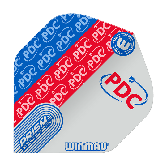 Das Bild zeigt ein Winmau Prism Zeta PDC Standard-Flugblatt in den Farben Rot, Blau und Weiß. Auf dem Flugblatt sind die Logos von "PDC", "Prism Zeta" und "Winmau" abgebildet.