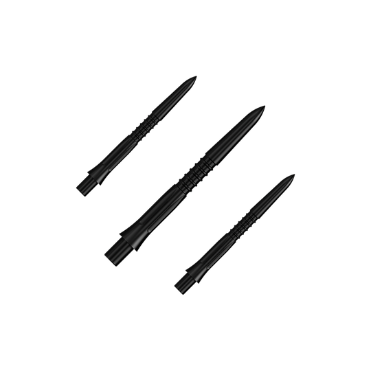 Ein Set von schwarzen Steeldartspitzen mit 26 mm Länge. Auf dem Bild sieht man mehrere Spitzen aus der Misson Caliburn EVO GV1 Reihe.