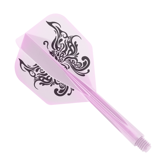 Dieses Bild zeigt ein pinkfarbenes Dart-Flight-Set mit transparentem Design. Auf den Flügeln ist ein schwarzes Tribal-Schmetterlingsmuster zu sehen.