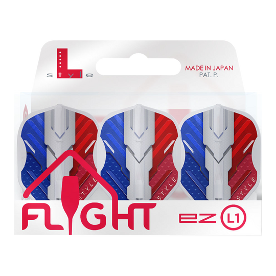 L-Style V-Series V1 Typ B Francja Przezroczysta biel L1EZ Loty Das Bild zeigt eine Packung L-Style V-Series V1 Type B France Clear White L1EZ Flights. Die Flights sind in den Farben Blau, Weiß und Rot gestaltet und werden in Japan hergestellt.