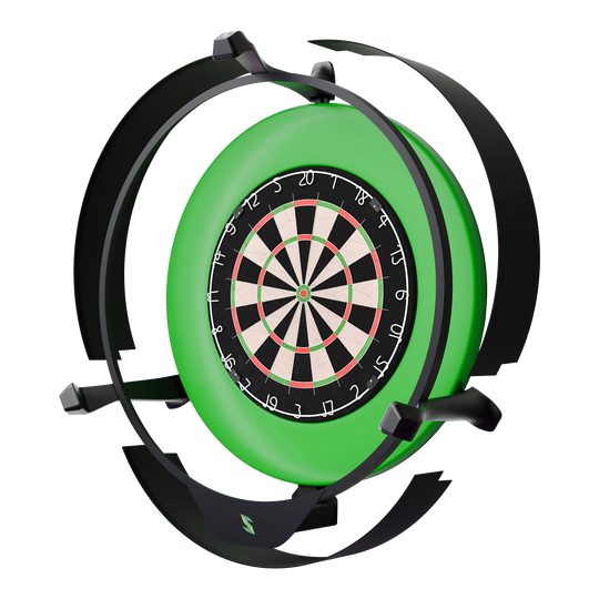 Elektroniczny system autopunktacji Scolia Home 2 z pierścieniem świetlnym 2026 Das Bild zeigt das Produkt "Scolia Home 2 Electronic Score System mit Beleuchtungsring". Es handelt sich um ein elektronisches Punktesystem für Dartboards, das von einem grünen Beleuchtungsring umgeben ist.