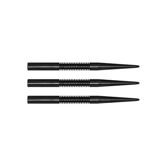MCD15_McDart_Black_Ghost_Steeldartspitzen_32mm_1 Das Bild zeigt drei schwarze Steeldartspitzen der Marke McDart Black Ghost. Die Spitzen sind gerade und haben eine gerillte Oberfläche für besseren Halt.