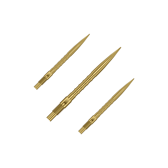 Końcówki do lotek Harrows Quick Point Heavy Metal – złote Abgebildet sind goldene Dartspitzen mit 26mm Länge, dargestellt als ein Set. Es handelt sich um Harrows Quick Point Heavy Metal Grip Dartspitzen Gold 26mm im Set.