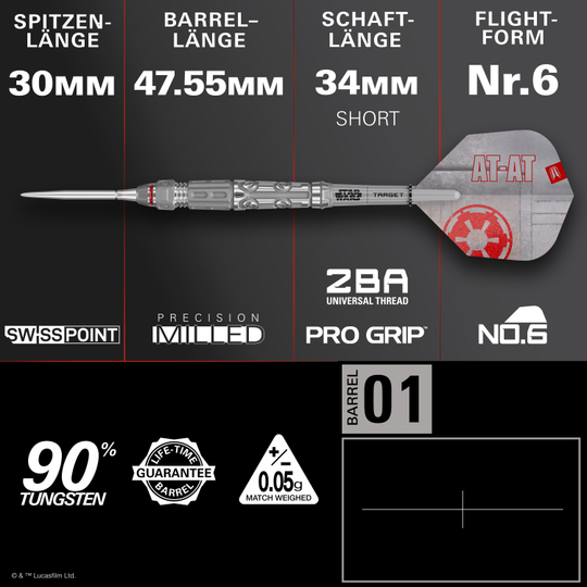 Stalowe rzutki Target Star Wars AT-AT Swiss Point Das Bild zeigt die Target Star Wars AT-AT Swiss Point Steeldarts. Es handelt sich um hochwertige Steeldarts im Stil des Star Wars AT-AT.