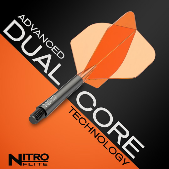 Red Dragon Nitroflite Czarny trzonek Pomarańczowe lotki nr 2 Das Bild zeigt das Produkt Red Dragon Nitroflite Black Shaft Orange Flights No2. Der Dart besitzt einen schwarzen Schaft und auffällige orange Flights.
