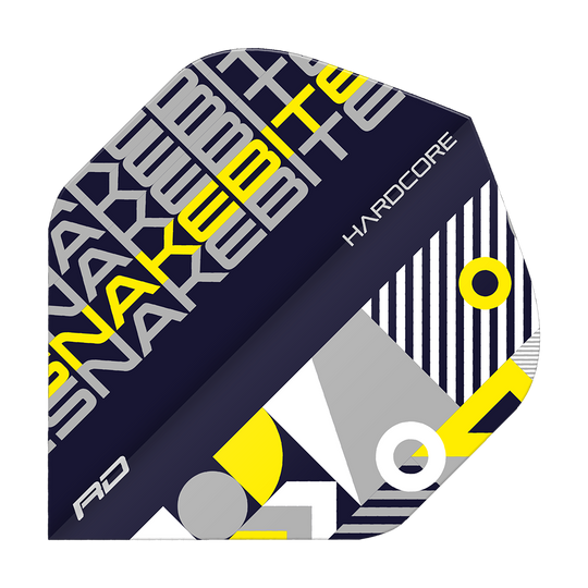 Das Bild zeigt ein Dartflight mit dem Namen "Red Dragon Hardcore Snakebite Black Yellow Standard Flights". Das Design ist modern und auffällig in den Farben Schwarz, Gelb, Grau und Weiß gehalten.
