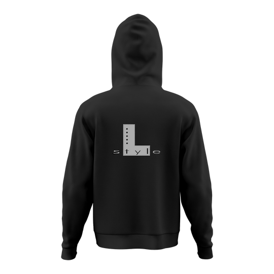 Bluza z kapturem w stylu L - czarna Der Hoodie ist schwarz und hat auf dem Rücken ein großes "L style"-Logo in Grau. Das Design ist schlicht und modern gehalten.