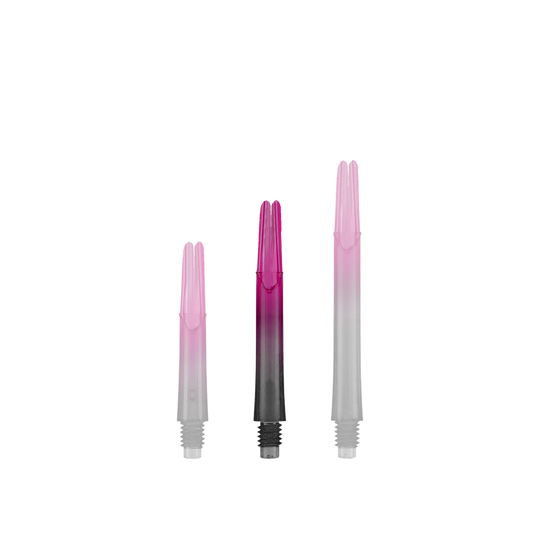 Auf dem Bild sind drei unterschiedlich lange, zweifarbige Dartschäfte zu sehen. Sie sind unten schwarz und gehen nach oben in ein kräftiges Pink über.
