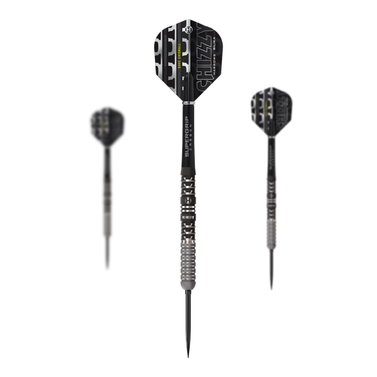 Abgebildet sind die Harrows Dave Chisnall Chizzy Series 4 Quick Point Steeldarts. Diese Steeldarts sind für Präzision und Leistung bekannt.