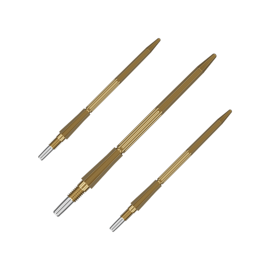 Dieses Bild zeigt Dartspitzen in Gold, 42 mm lang, aus der Target Elysian Archetype 43 SwissPoint Serie. Die Dartspitzen sind einzeln dargestellt.