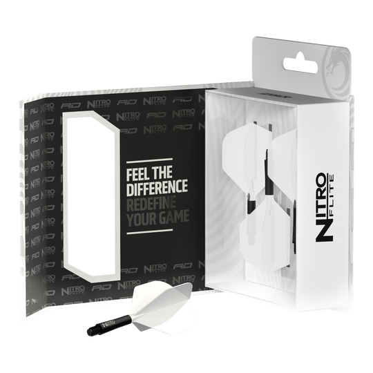 Das Bild zeigt das Produkt Red Dragon Nitroflite Black Shaft White Flights No2. Es handelt sich um einen schwarzen Dart-Schaft mit weißen Flights.