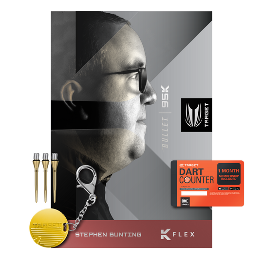 Target Stephen Bunting 95K Miękkie lotki - 19g Das Bild zeigt das Produkt "Target Stephen Bunting 95K Softdarts - 19g" mit Zubehör wie Dartspitzen, Schlüsselanhänger und einer Dart Counter Karte. Im Hintergrund ist ein Porträt von Stephen Bunting zu sehen.