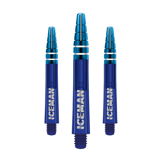 C810_Red_Dragon_Nitrotech_Gerwyn_Price_Blue_Shafts_36mm_1 Das Bild zeigt drei blaue Dartschäfte mit silbernen Ringen. Auf jedem Schaft steht in weißer Schrift das Wort "ICEMAN".
