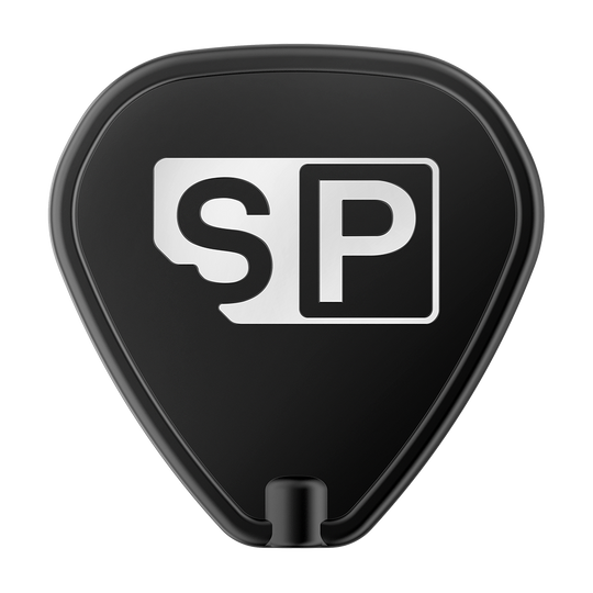 Das Bild zeigt das Produkt "Target Swiss Point Tool" in schwarzer Farbe mit einem weißen "SP"-Logo darauf. Das Tool hat eine dreieckige Form mit abgerundeten Kanten.