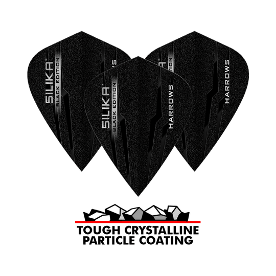 Lotki latawcowe Harrows Silika Black Edition Das Bild zeigt drei schwarze Harrows Silika Black-Edition Kite Flights mit glänzender Beschriftung. Darunter steht „Tough Crystalline Particle Coating“ mit einer Grafik von Kristallen.