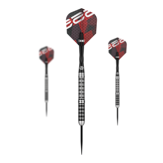 Strzelaj stalowymi rzutkami Niels Zonneveld V2 Das Bild zeigt drei Steeldarts des Modells "Shot Niels Zonneveld V2". Die Darts haben silber-schwarze Spitzen und Schäfte sowie rote und schwarze Flights mit Muster.