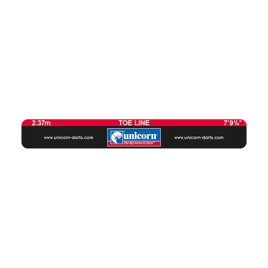 Das Bild zeigt eine Unicorn Toe Line Abwurflinie für Darts. Auf der Linie stehen die Maße 2,37 m und 7'9¼" sowie das Unicorn-Logo.