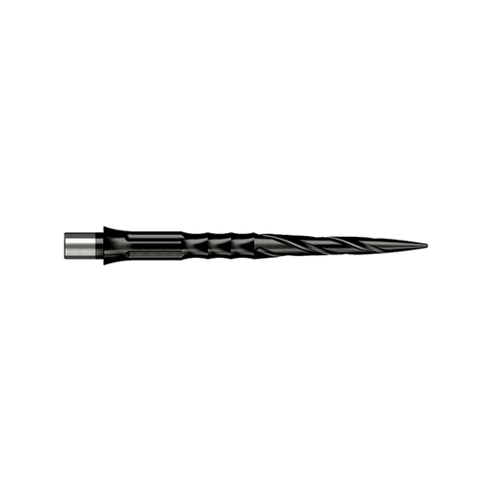 Das Bild zeigt Steeldartspitzen aus der Datei 'EVO007_Caliburn_Evo_System_Steeldartspitzen_Spiro_NoLip_Black_28mm_2_(1)'. Zwei schwarze, strukturierte Dartspitzen sind nebeneinander abgebildet.