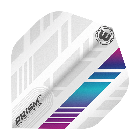 6915-213_Winmau_Prism_Delta_6915-213_Standard_Flights_1lvGL8qAbGYdbY Das Bild zeigt ein Winmau Prism Delta 6915.213 Standard-Flights für Dartpfeile. Das Flight ist überwiegend weiß mit modernen, farbigen Akzenten in Blau und Lila.