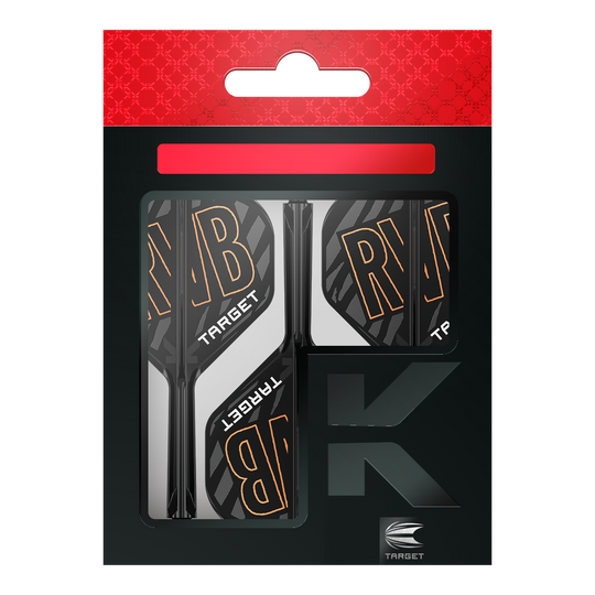 Target K-Flex Raymond Van Barneveld No2 Standardowy system wału napędowego Auf dem Bild ist eine Verpackung mit Dartflights und -schäften der Marke Target zu sehen. Die Flights tragen die Buchstaben "RVB" und sind schwarz-weiß mit orangener Schrift gestaltet.