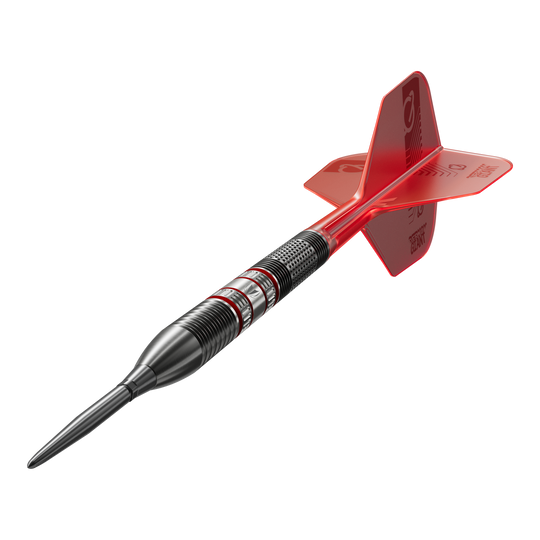 Das Bild zeigt einen Target Gabriel Clemens 95K Swiss Point Steeldart. Der Dart hat ein schwarzes Barrel mit roten Akzenten und rote Flights.