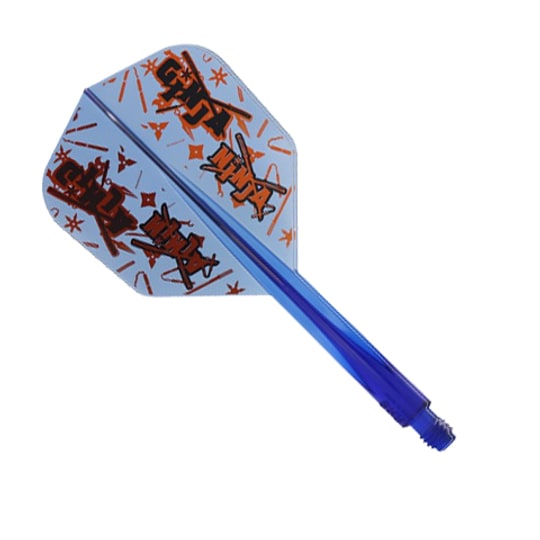 Condor Axe Ginja Ninja Matt Campbell Flight-Shaft - Small Das Bild zeigt ein Dart-Flight-Shaft-Set mit dem Namen "Condor Axe Ginja Ninja Matt Campbell" in der Größe Small. Das Flight ist mit bunten Grafiken und Schriftzügen in Rot und Schwarz gestaltet, während der Schaft blau-transparent ist.