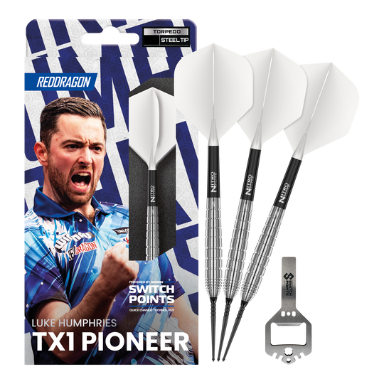 Rzutki stalowe Red Dragon Luke Humphries TX1 Pioneer Switch Point Dieses Bild zeigt die Red Dragon Luke Humphries TX1 Pioneer Switch Point Steeldarts in voller Ansicht. Die Darts sind für Präzision und hohe Leistung bekannt.