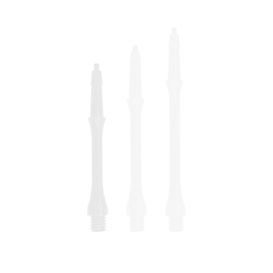HRC-12602-W_Harrows_Clic_Slim_Shafts_White_23mm_1U07mZhF48ZrHH Das Bild zeigt drei weiße, schlanke Harrows Clic Shafts in verschiedenen Längen. Sie sind Ersatzteile für Dartpfeile.