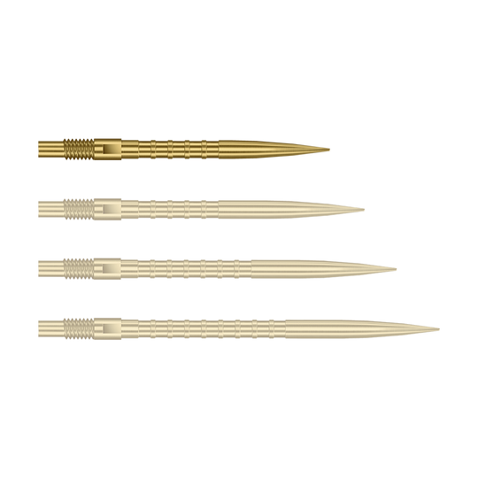Końcówki do lotek Harrows Quick Point Heavy Metal – złote Das Bild zeigt Dartspitzen mit starkem Metallgriff in goldener Farbe und 26mm Länge. Das Produkt ist Harrows Quick Point Heavy Metal Grip Dartspitzen Gold 26mm.