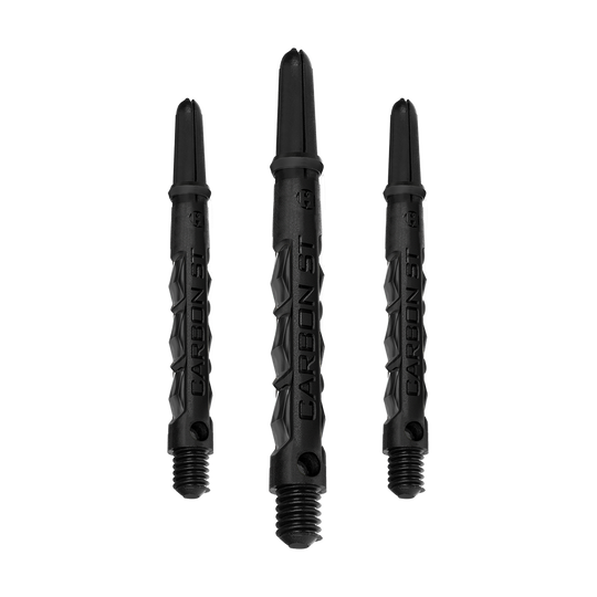 HR436_Harrows_Carbon_ST_Shafts_Schwarz_47mm_1 Das Bild zeigt drei schwarze Harrows Carbon ST Shafts. Sie sind Dartschäfte mit einem modernen, robusten Design.
